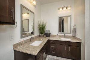 Bathroom with 2 mirrors, 2 sinks and dark brown cabinets