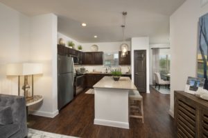 Open Concept Kitchen with dark brown wooden floor